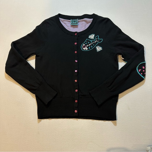 Too Fast Sweaters - Too Fast Brand Skeleton Cat Cardigan Goth Punk Black Large
